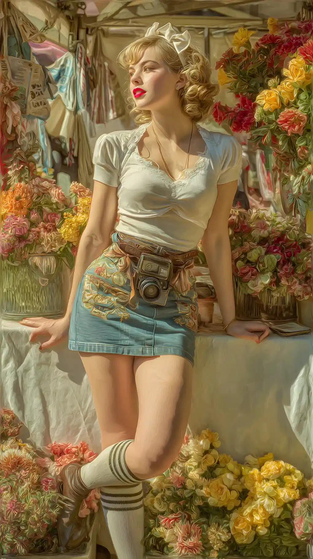 Pin up calendar girl leaning against sunny flower stall