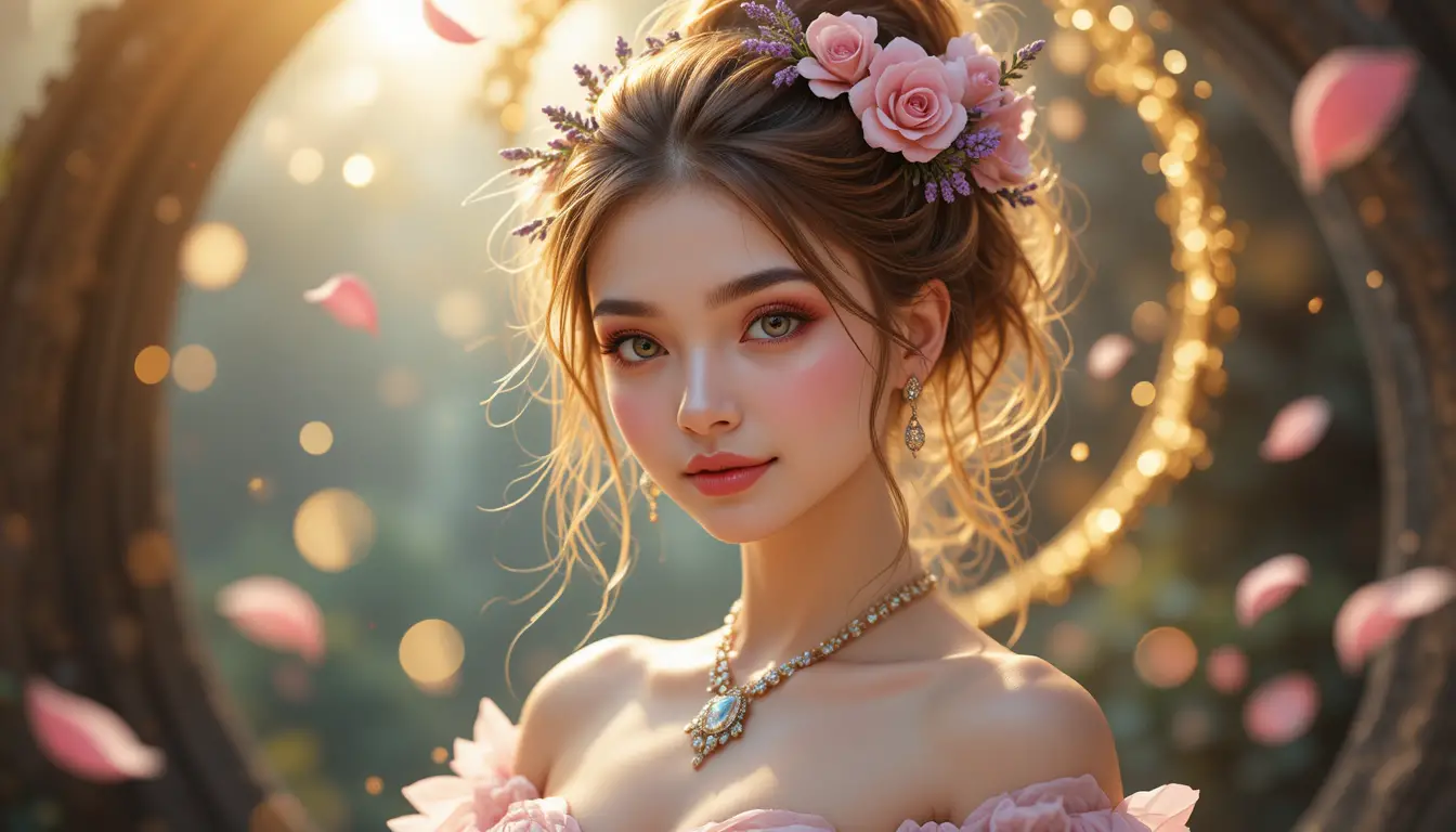 Smiling forest spirit woman with floral gown and jewelry