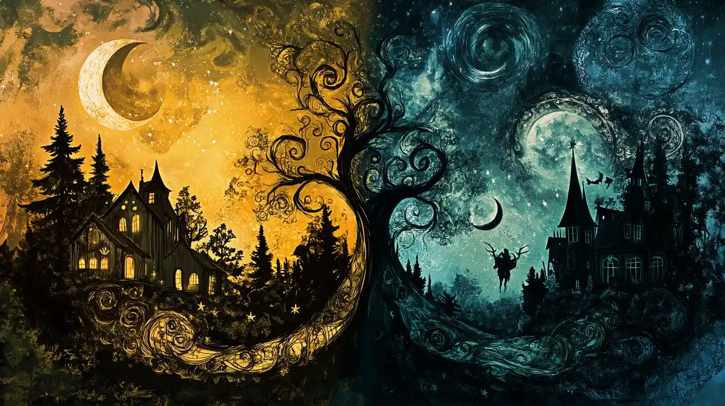 Surreal dreamscape of dancing firefly figures and swirling trees