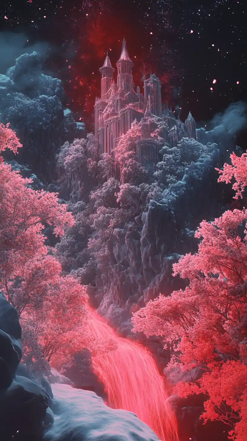 Snowy fantasy palace with waterfalls and blooming trees