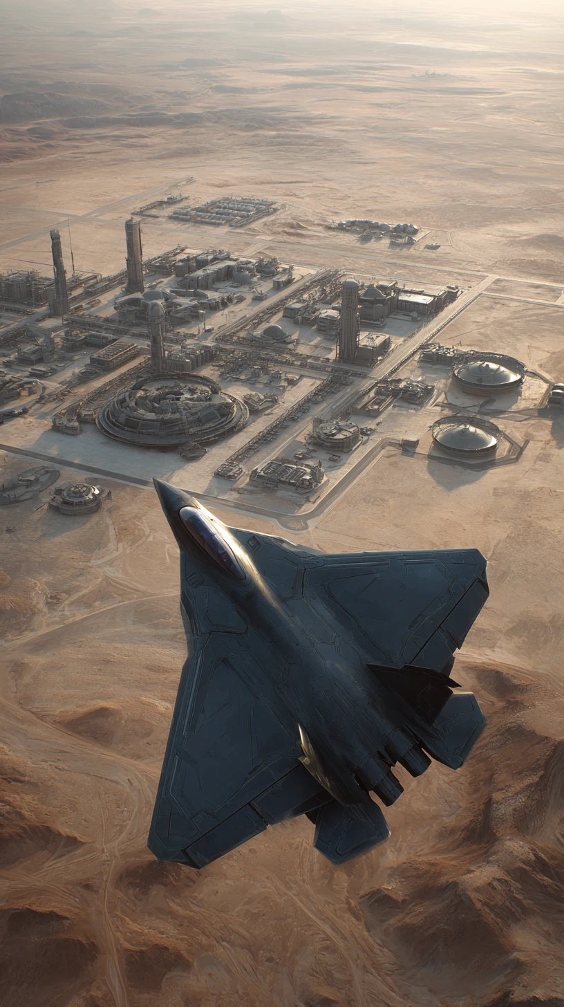 Caccia stealth sopra base militare fortificata nel deserto