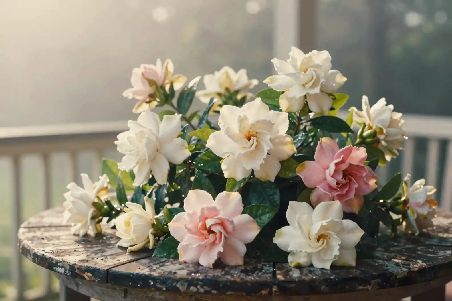 Gardenienarrangement auf einem Verandatisch im sanften Morgenlicht