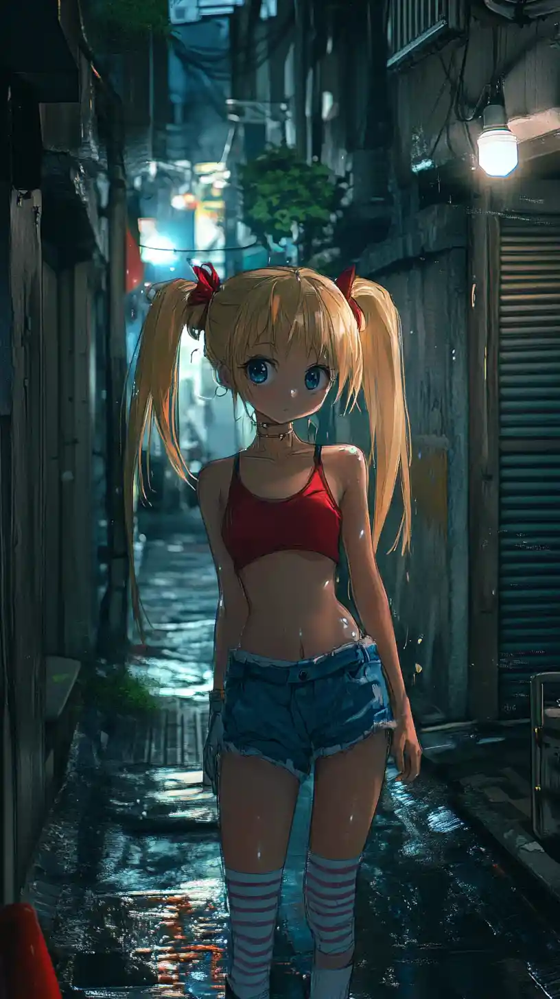 Anime girl in red top standing in a dim alleyway