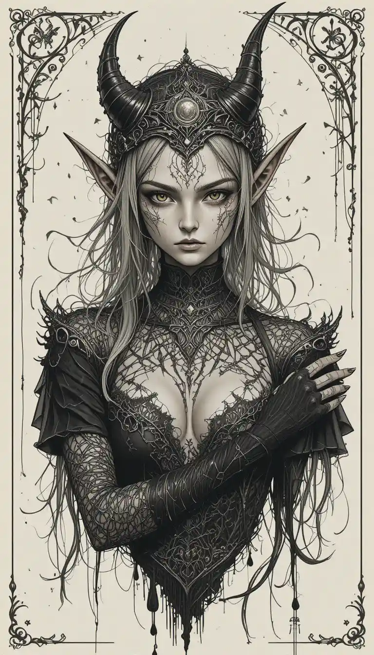 Gothic elf woman with pointed ears reaching toward viewer
