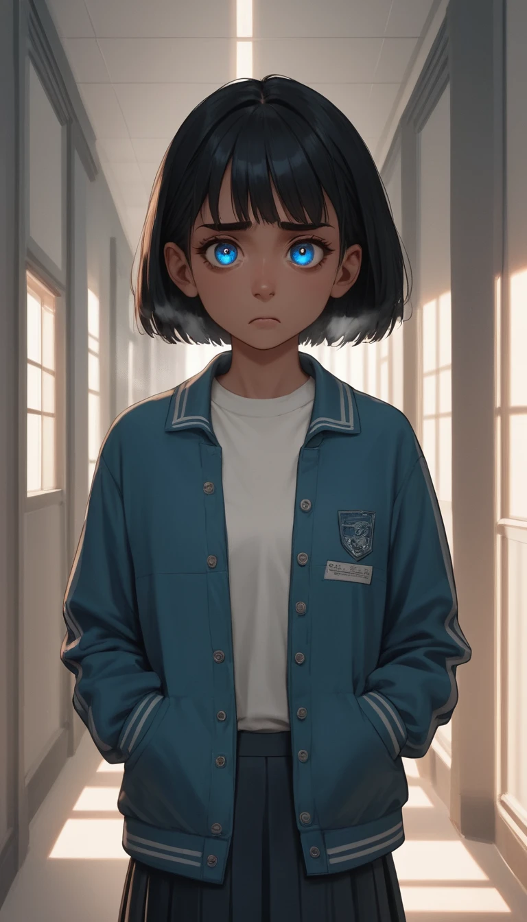 Sad anime schoolgirl in dimly lit hallway