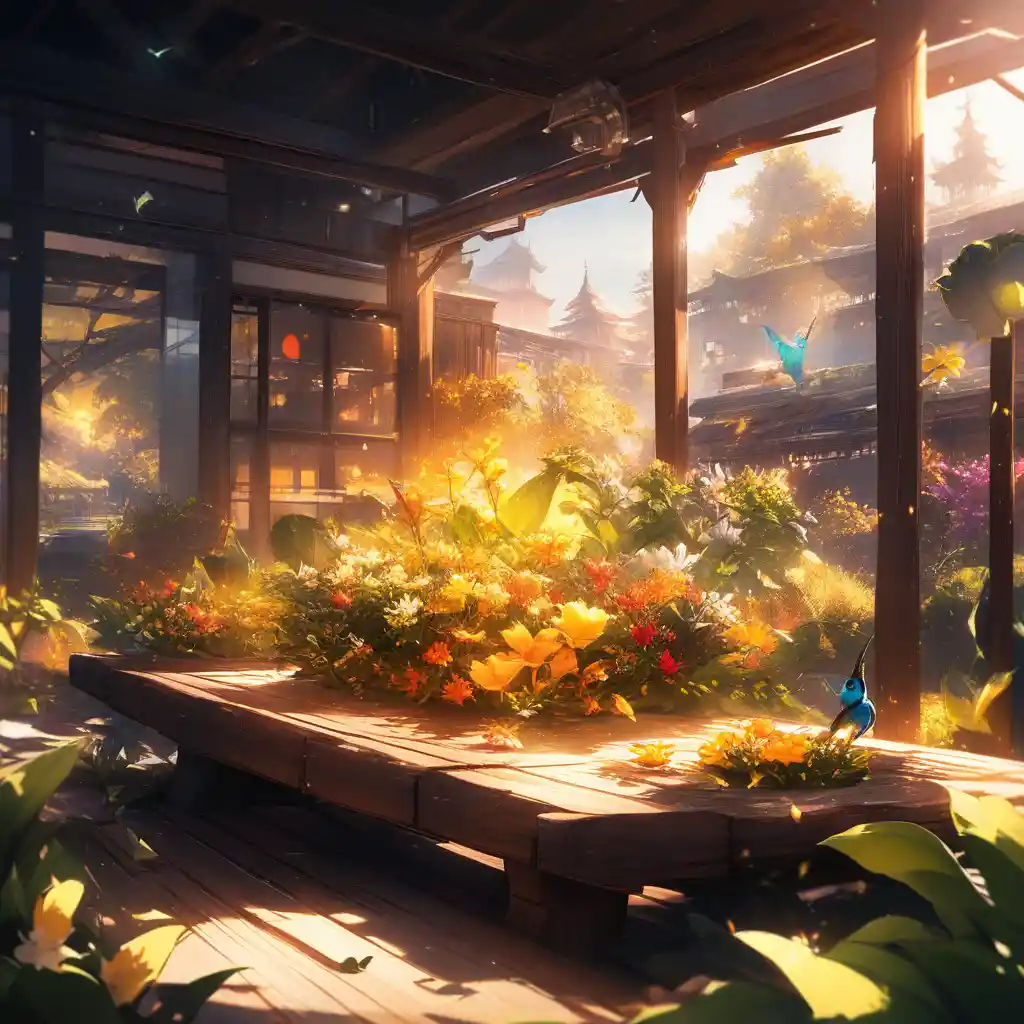 Hummingbird Sheltered Beside A Gardenia On Sunlit Veranda Table