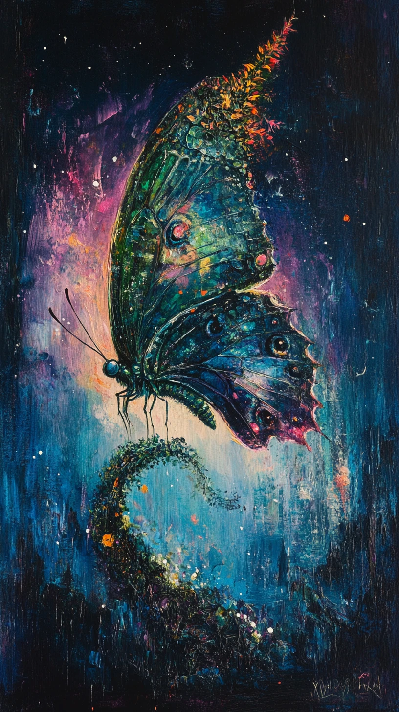 Farfalla botanica surreale contro un cielo notturno espressivo