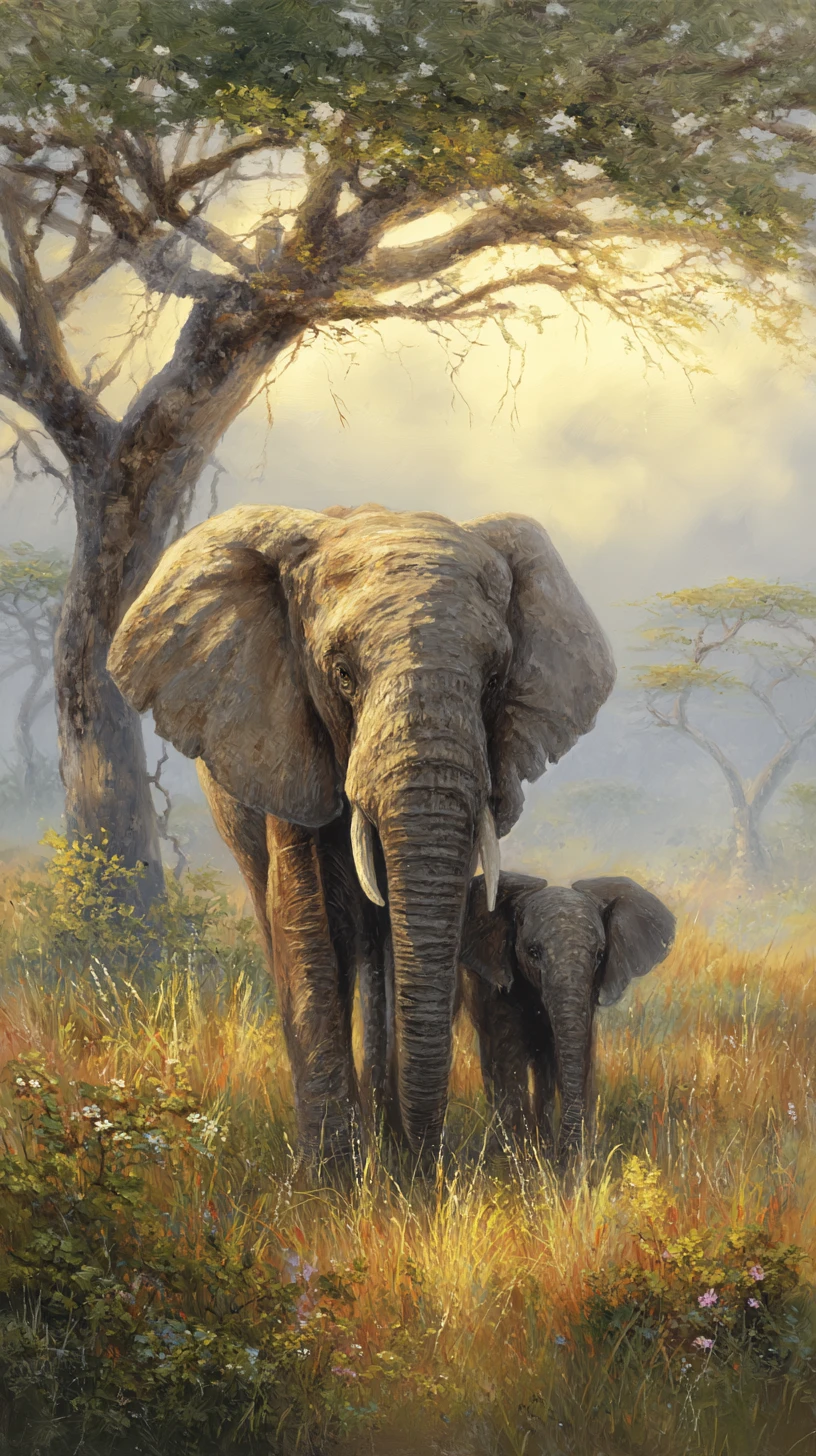 Éléphante et son petit dans une savane africaine baignée de soleil