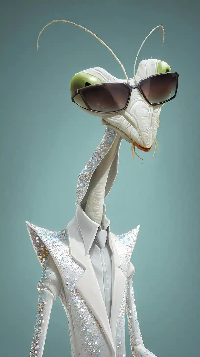 Mantis In White Sequin Suit With Dark Sunglasses