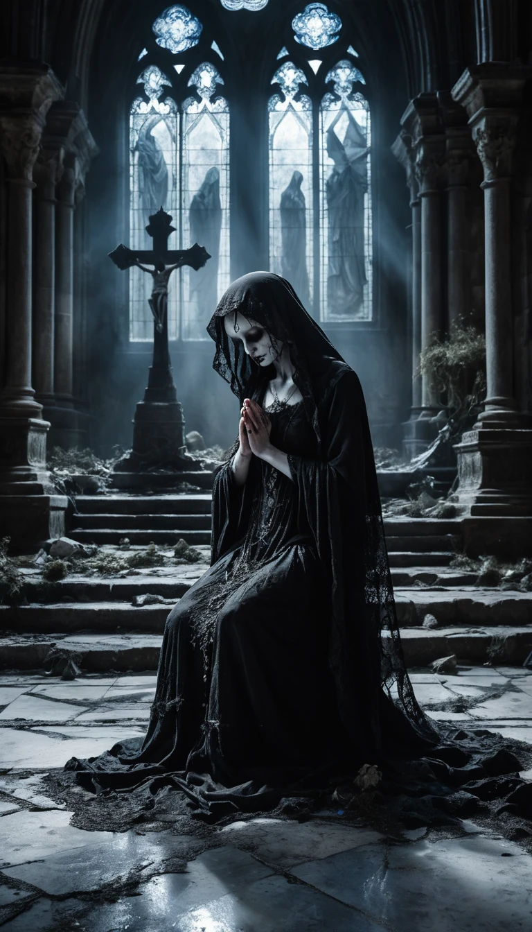 Ethereal woman kneeling before a shattered gothic altar
