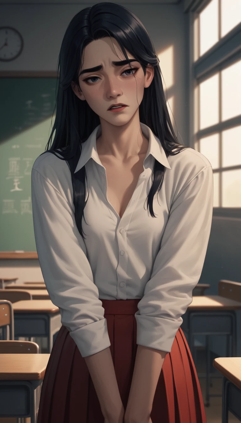 Frightened Chinese schoolgirl lying alone in dim classroom