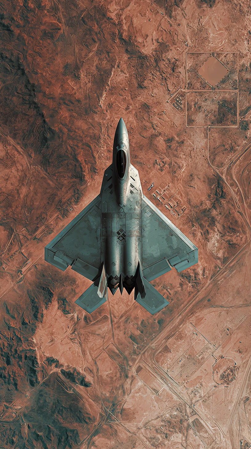 Vista satellitare dall’alto di velivolo stealth sopra base nel deserto