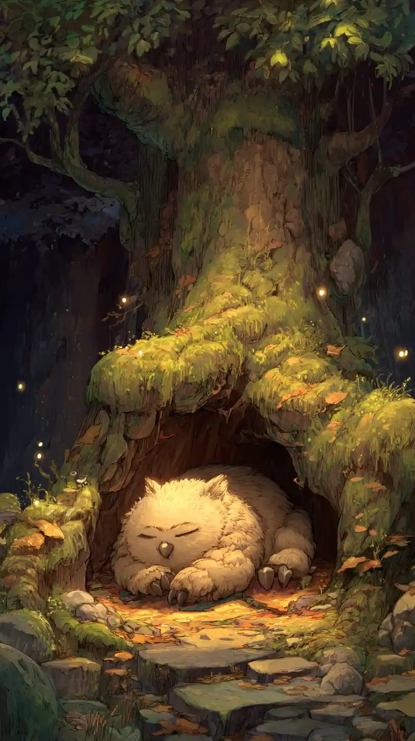 Sleepy fantasy creature resting in a glowing forest hollow