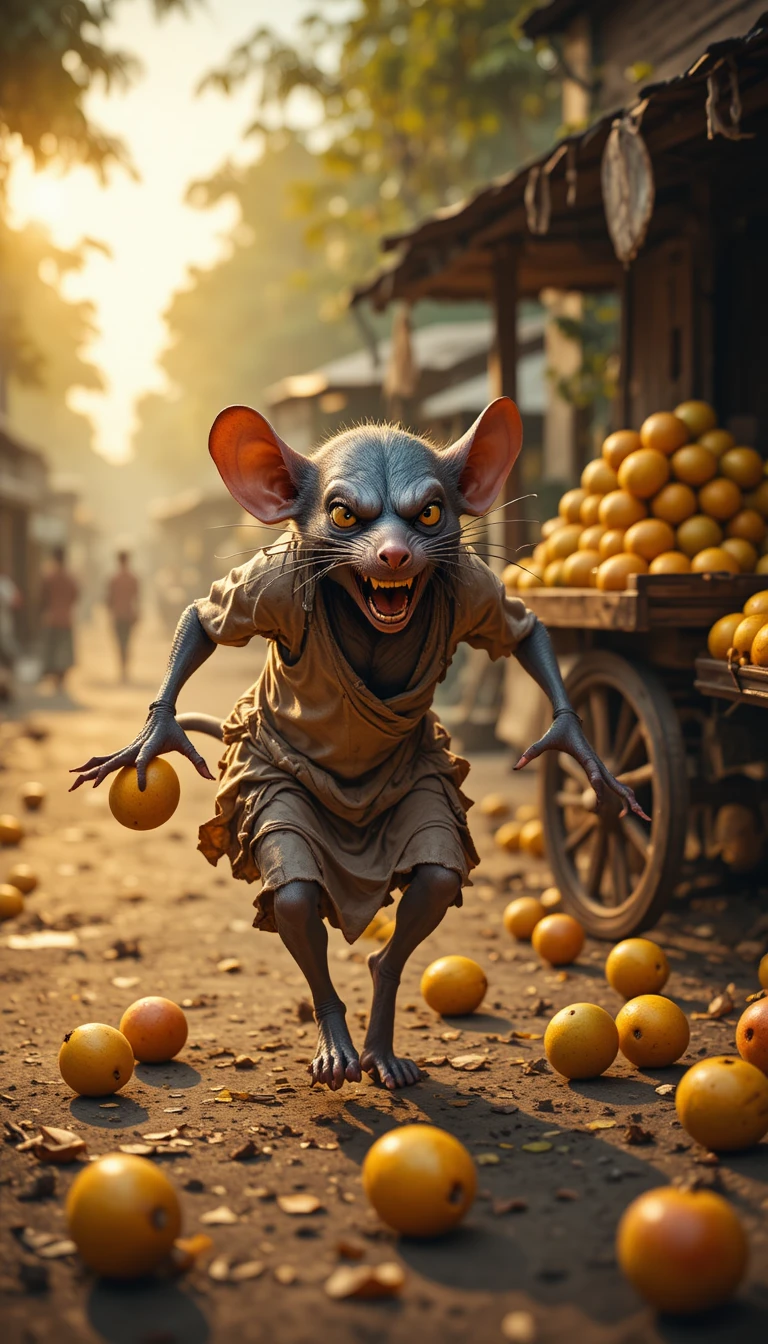 Anthropomorphic rat fleeing a mango cart in Indian market