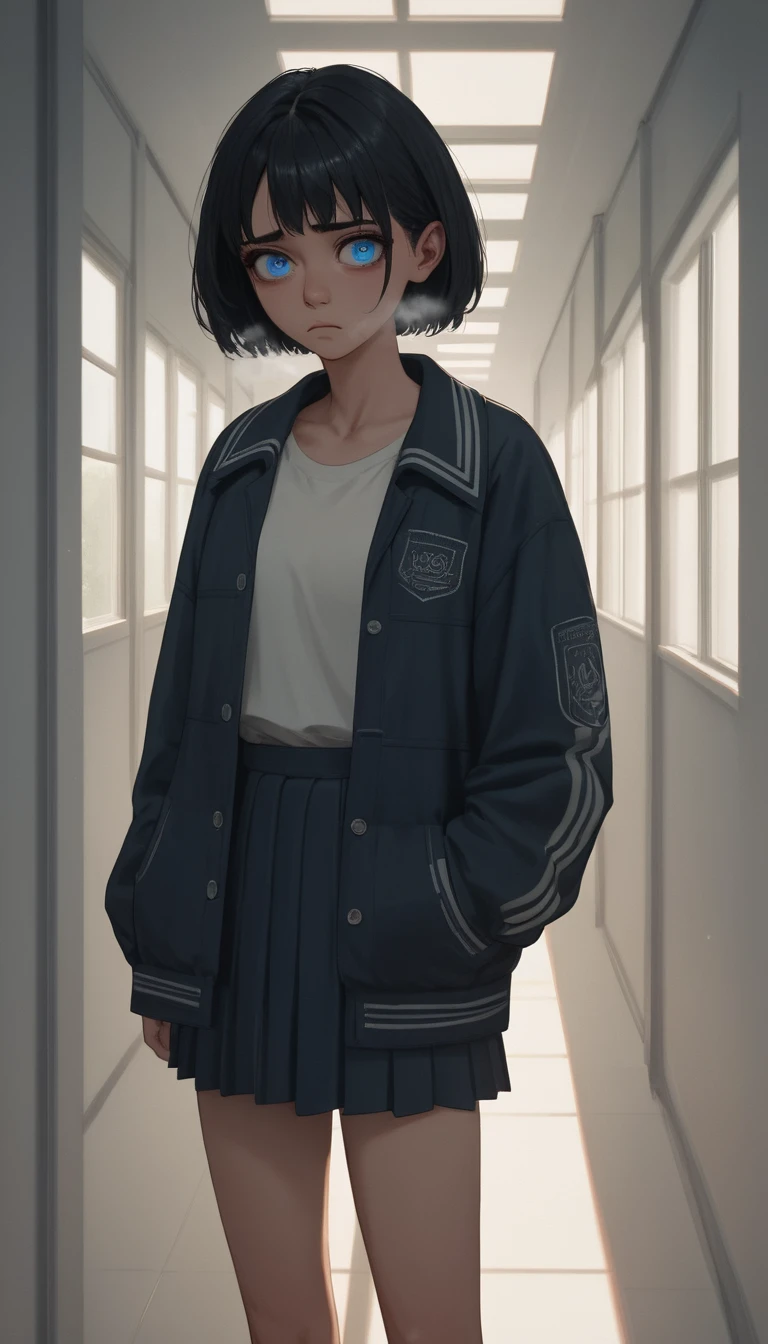 Sad anime schoolgirl standing alone in dim hallway