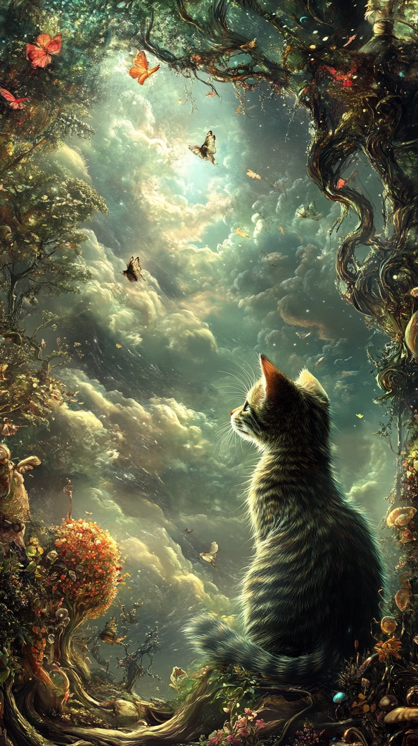 夢幻奇異景觀中安然歇息的超現實貓咪