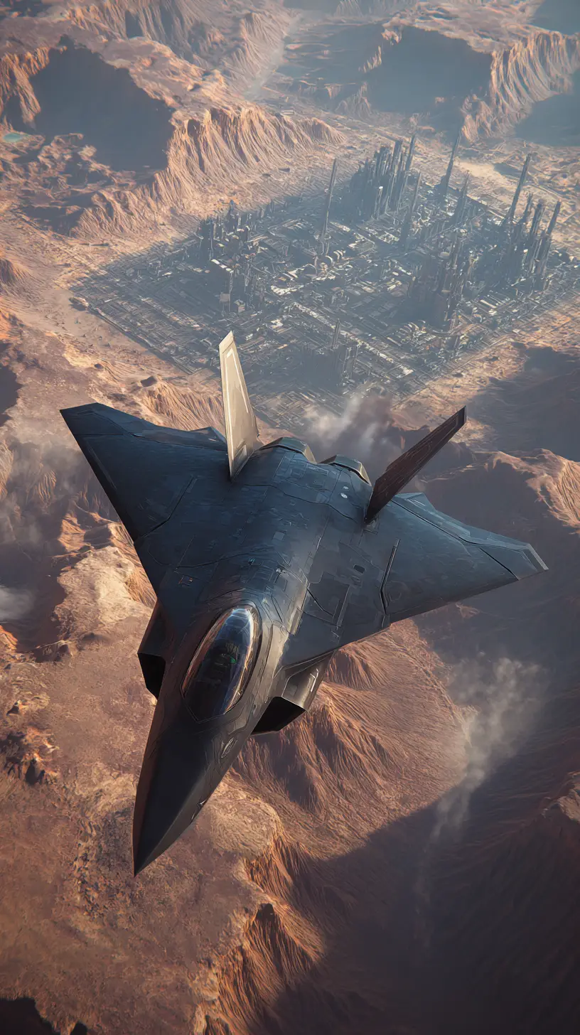 Stealth fighter over fortified desert base with defenses