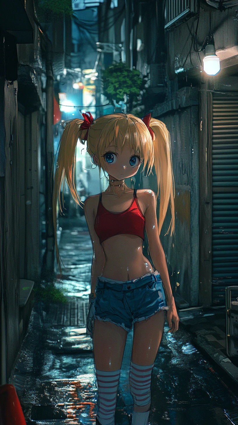 Anime girl in red top standing in a dim alleyway