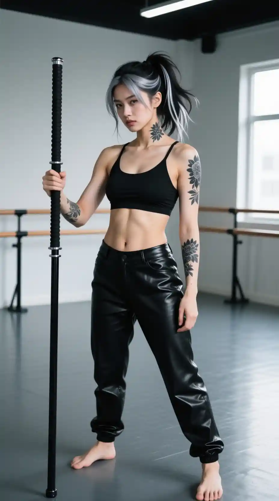 Determined woman training with bo staff in dance studio
