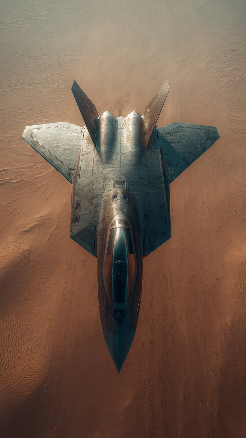Bombardiere stealth vola in alto sopra un vasto paesaggio desertico