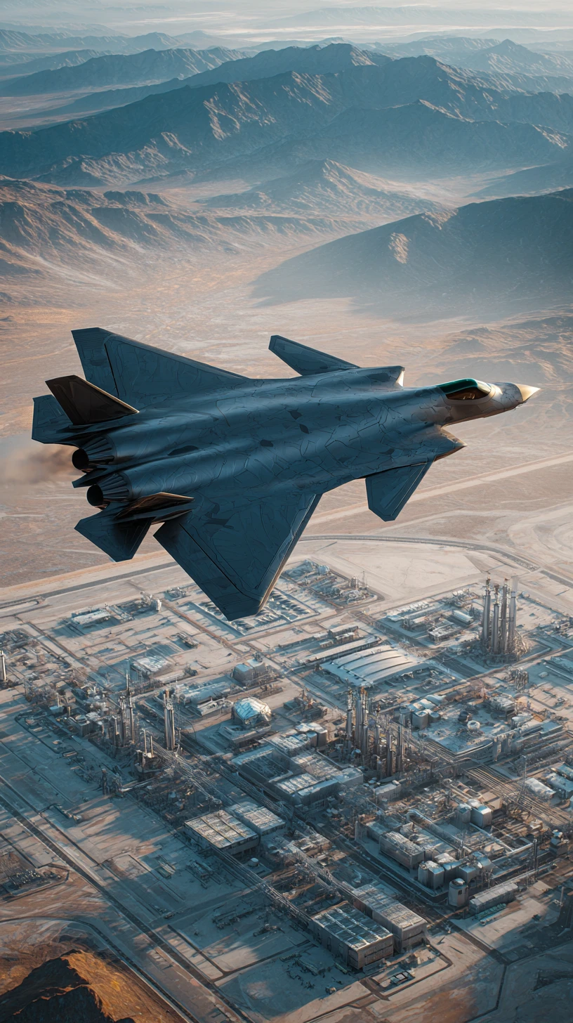 Caccia stealth sopra una base militare fortificata nel deserto