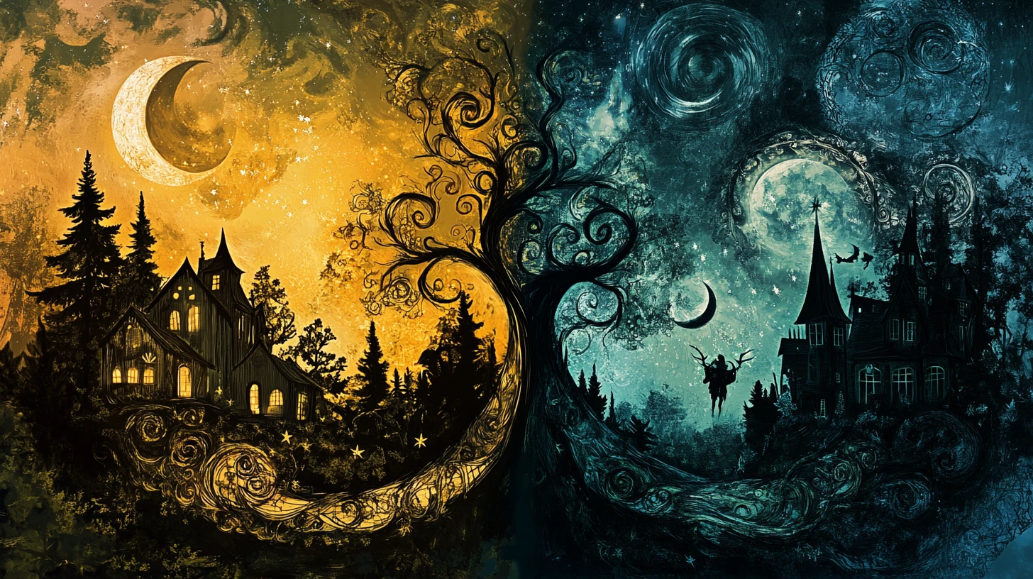 Surreal dreamscape of dancing firefly figures and swirling trees
