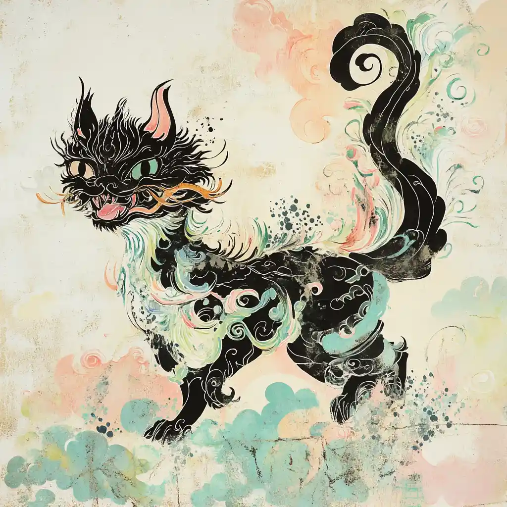 Mythical cat dragon creature in ethereal japanese ink art