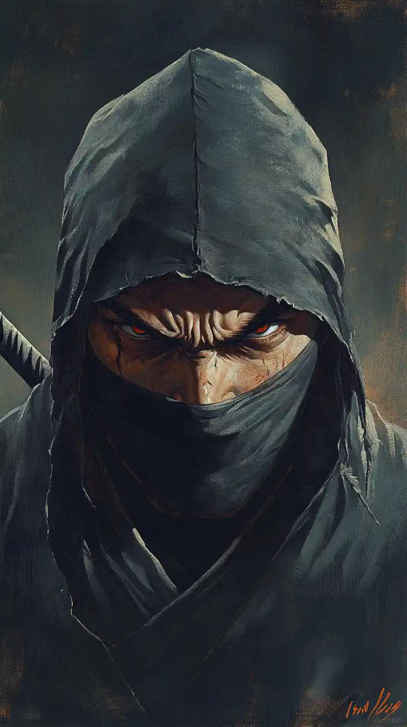 Illustration eines wütenden Ninja-Kriegers vor dunklem Hintergrund