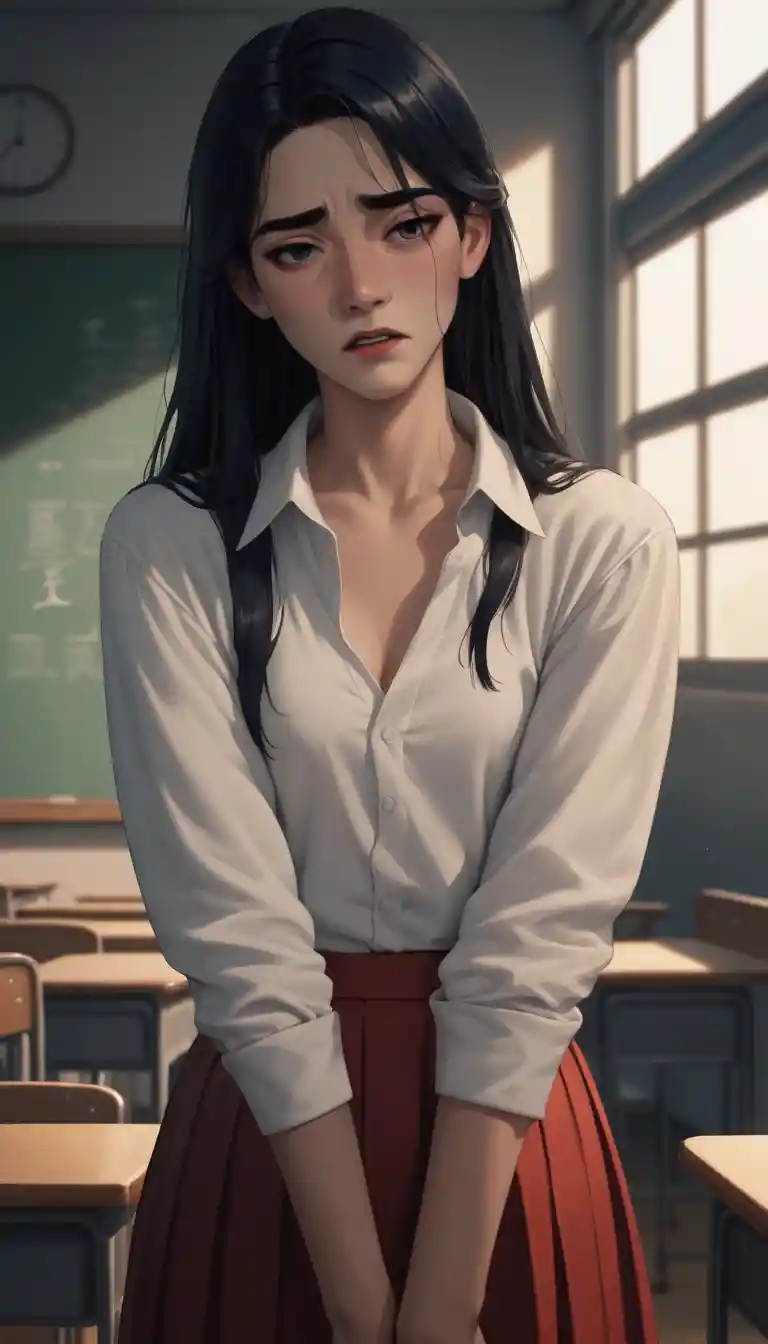 Frightened Chinese schoolgirl lying alone in dim classroom