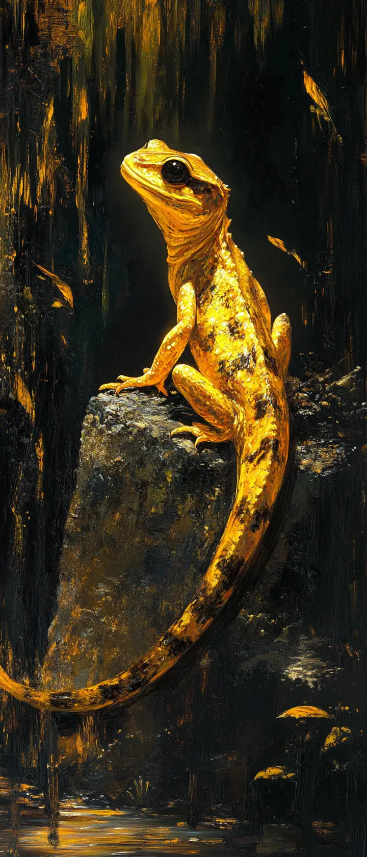 Ancient fire salamander on stone in a misty swamp