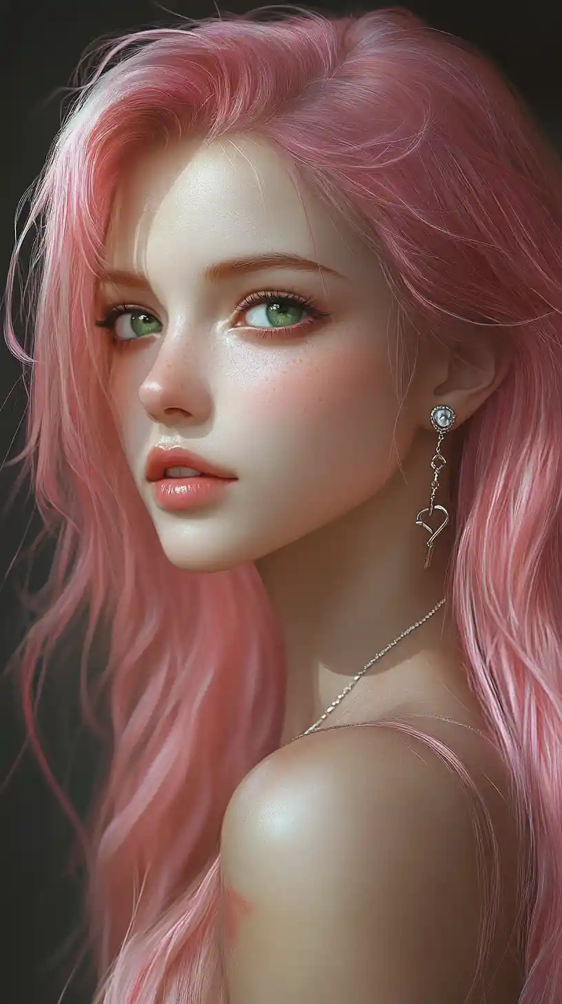 Pink haired anime woman with emerald green eyes