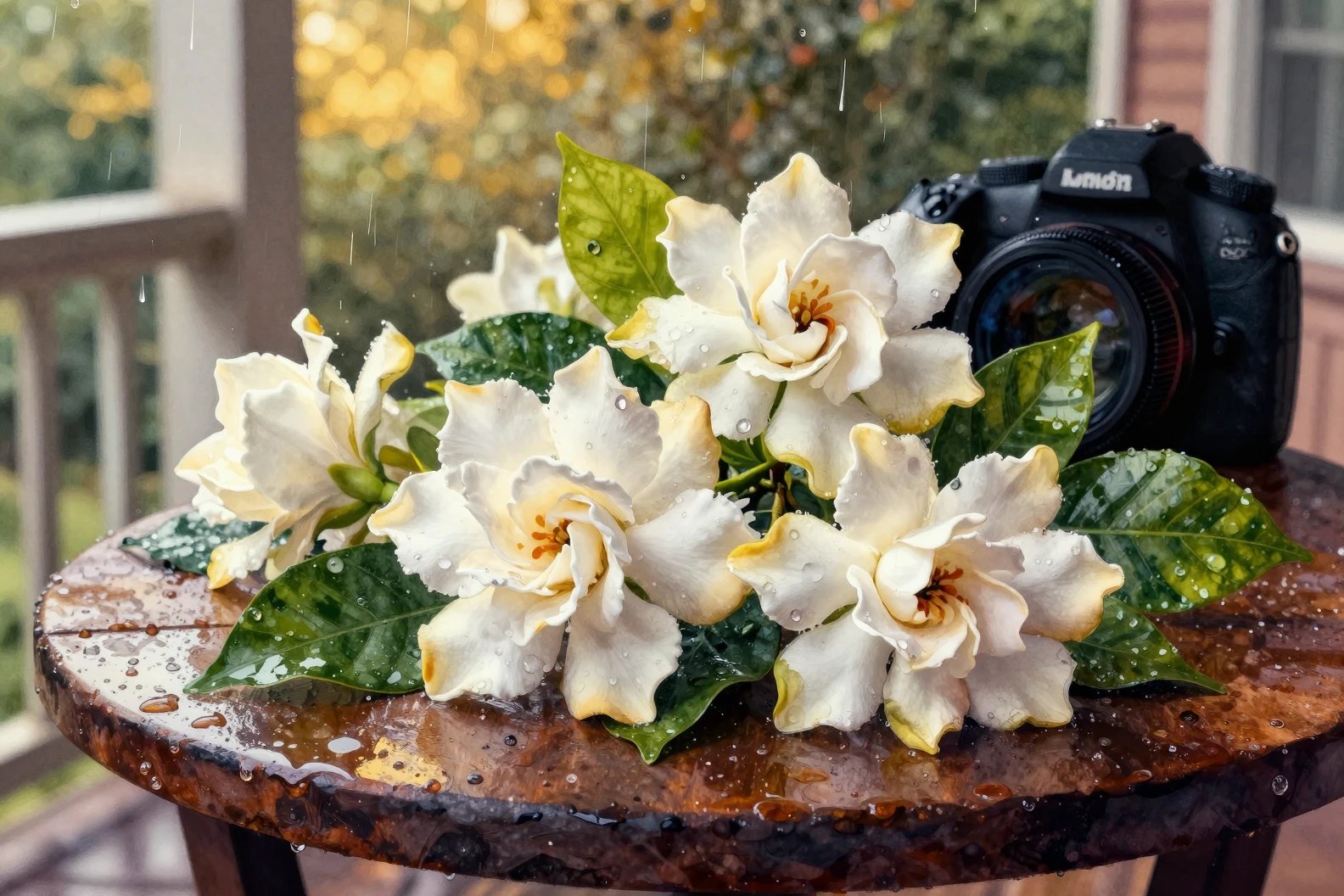 Fleurs de gardénia sur une table de porche sous la pluie en réalisme fantastique