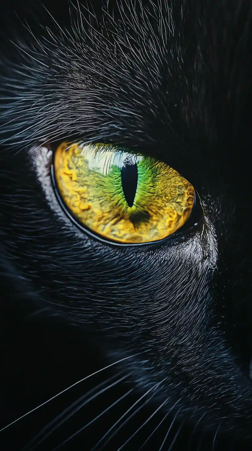 Primissimo piano dell’occhio di un gatto su sfondo scuro