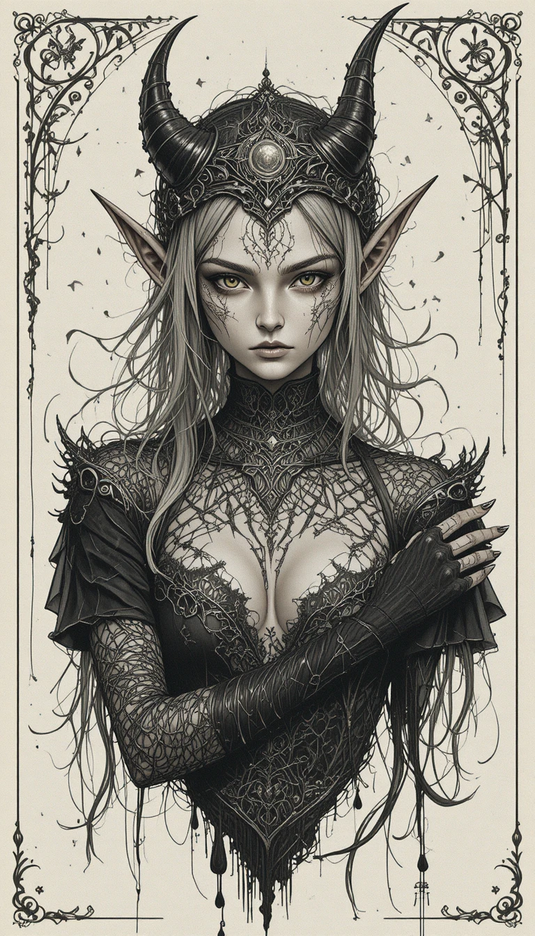 Gothic elf woman with pointed ears reaching toward viewer