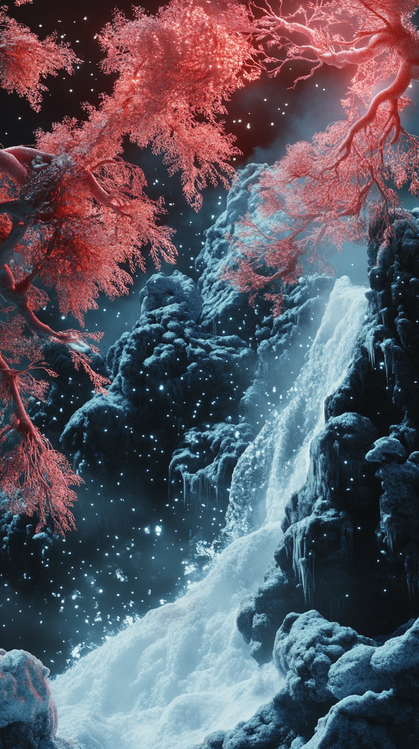 Verschneiter japanischer Palast mit Wasserfällen in einer fantastischen Landschaft