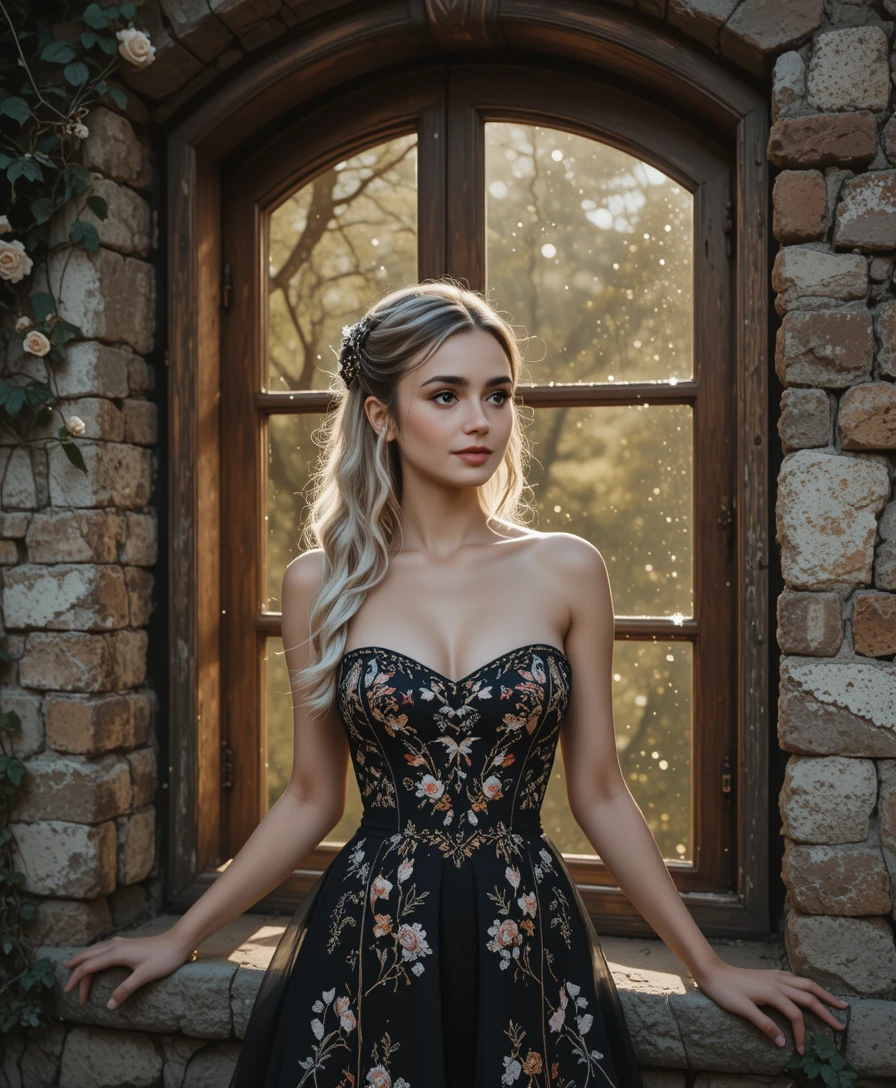 Elegant woman by an antique window in warm sunlight