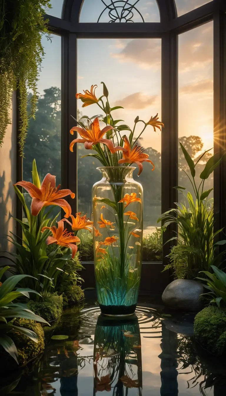 Sunlit veranda garden with koi in a sculpted vase