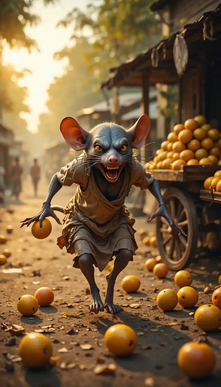 Anthropomorphic rat fleeing a mango cart in Indian market