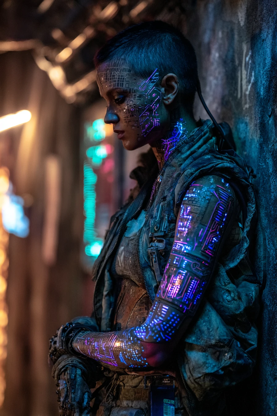 Rebelle cyborg dans un tunnel éclairé au néon avec tatouages de circuits lumineux