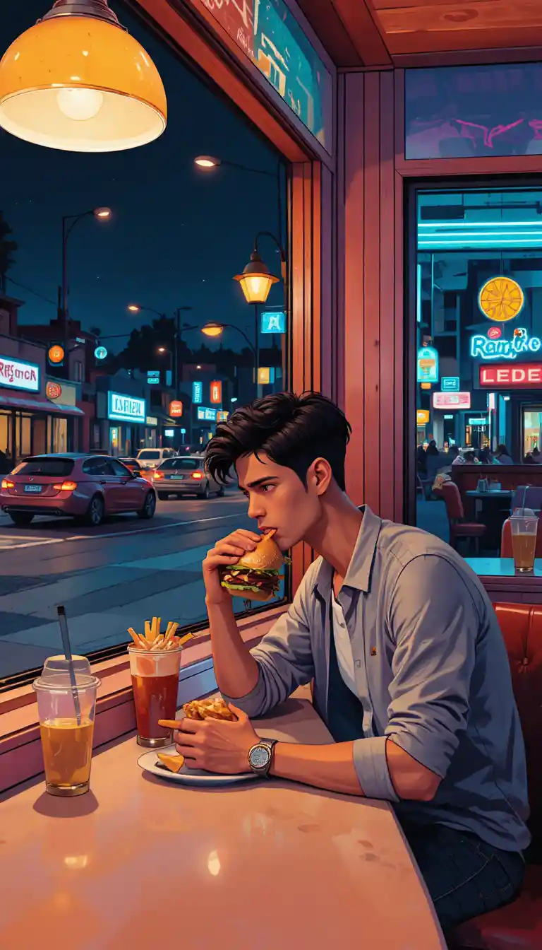 Young man eating a burger at a bright midnight diner counter