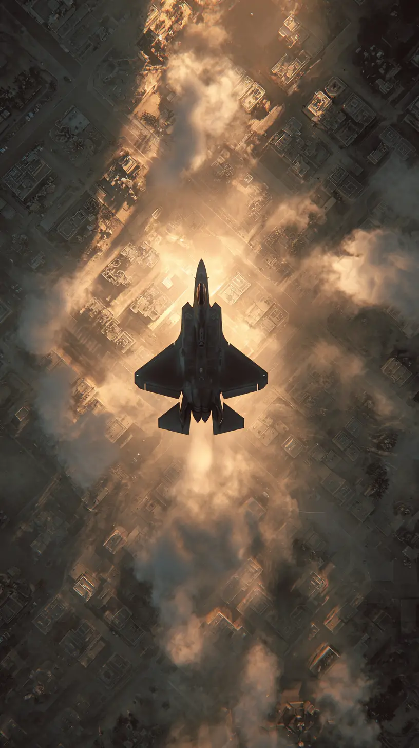 Stealth aircraft over fortified air defense zone at dusk