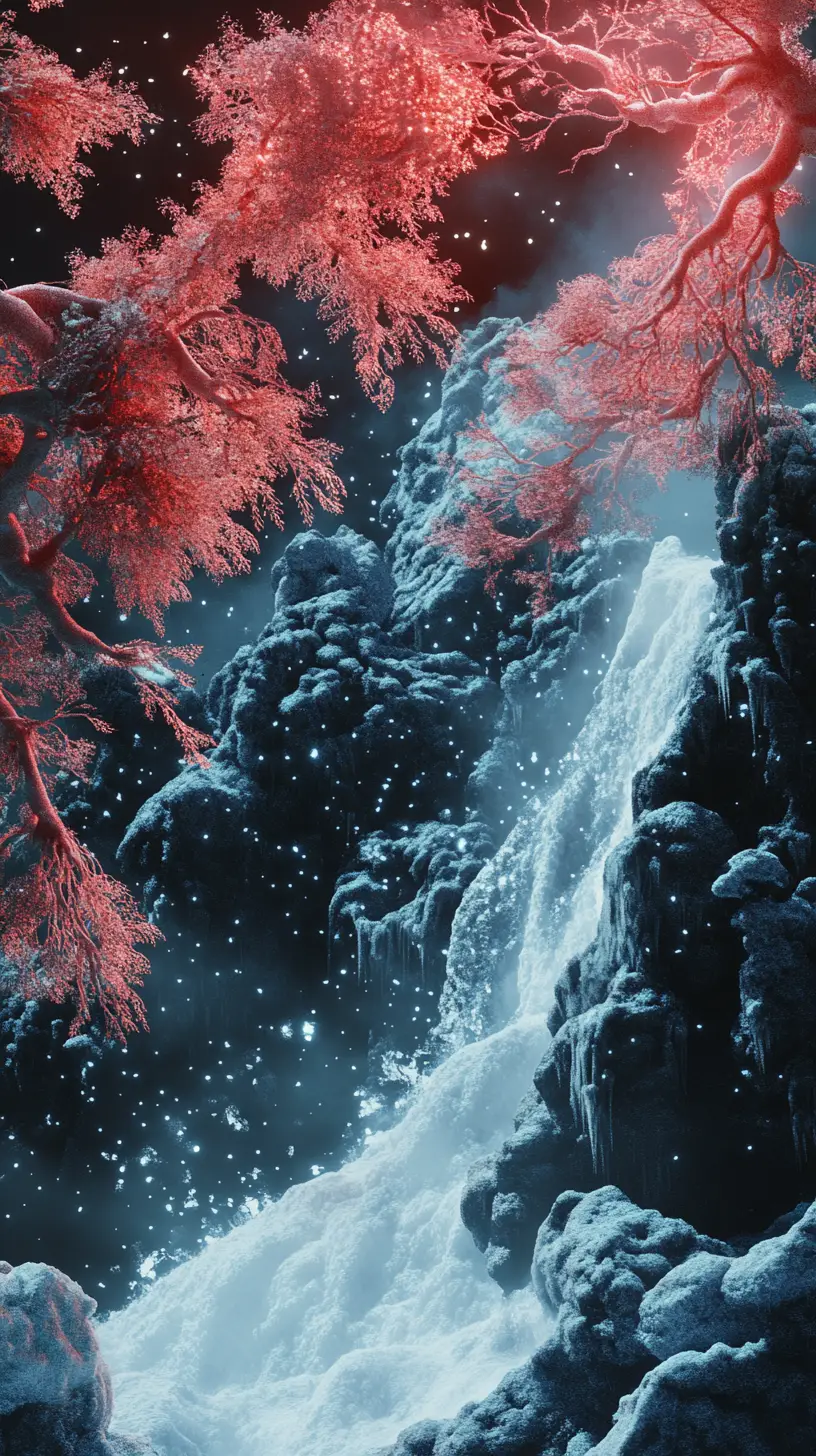 Snowy Japanese palace with waterfalls in a fantastical landscape