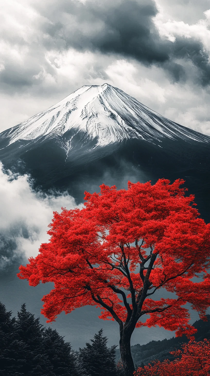 Árbol rojo frente al monte Fuji nevado bajo un cielo nublado