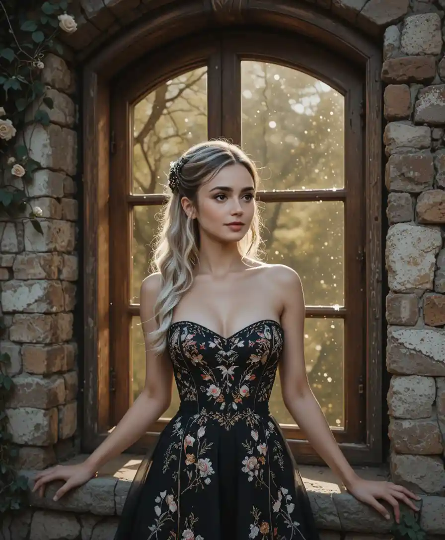 Elegant woman by an antique window in warm sunlight