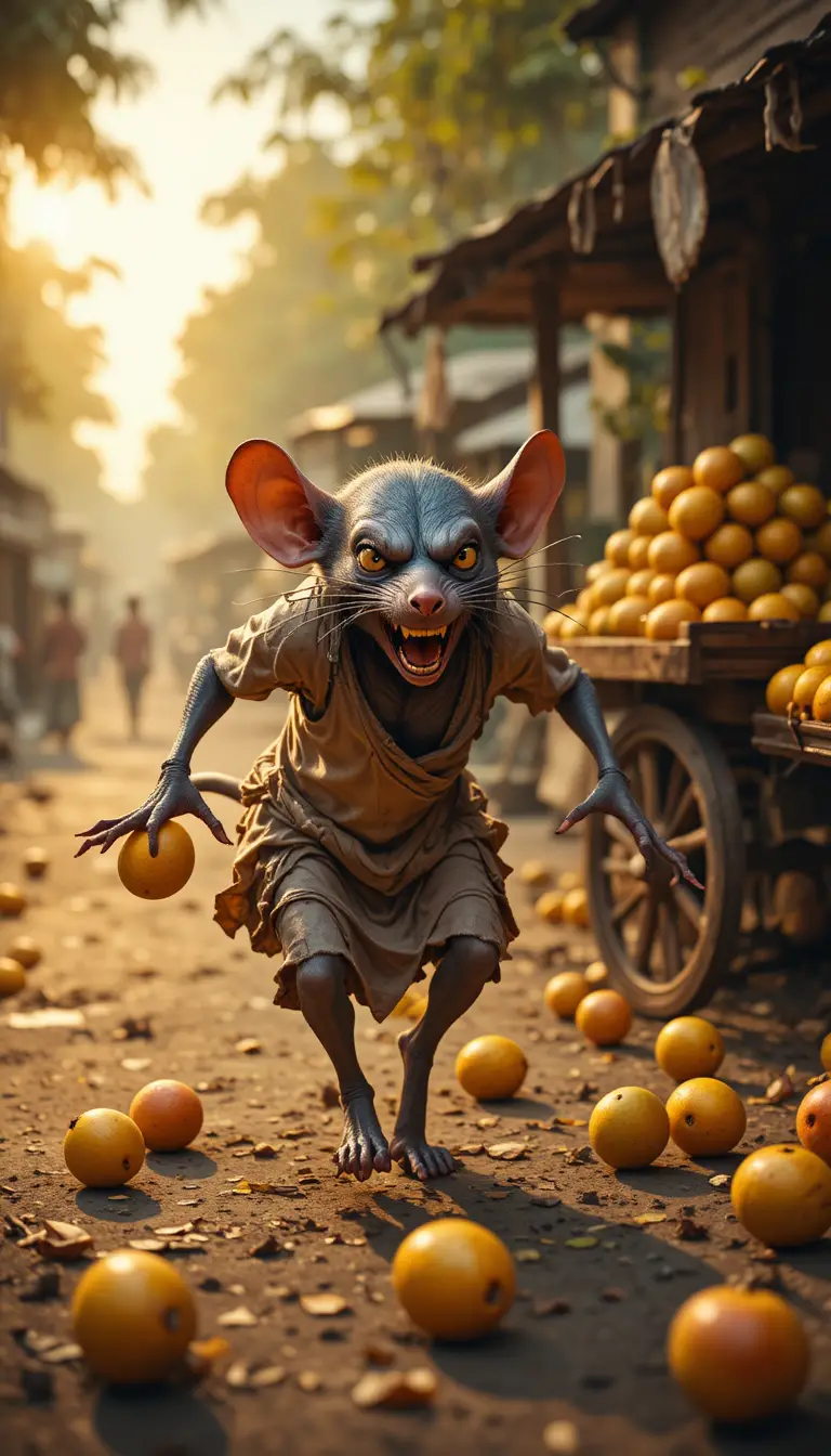Anthropomorphic rat fleeing a mango cart in Indian market