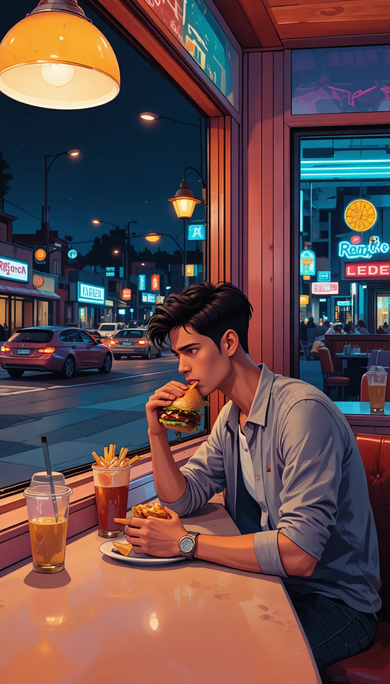Young man eating a burger at a bright midnight diner counter