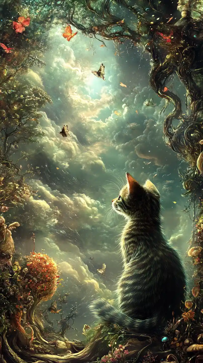 夢幻奇異景觀中安然歇息的超現實貓咪