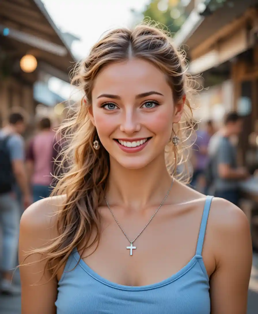 Smiling young woman at an outdoor street market