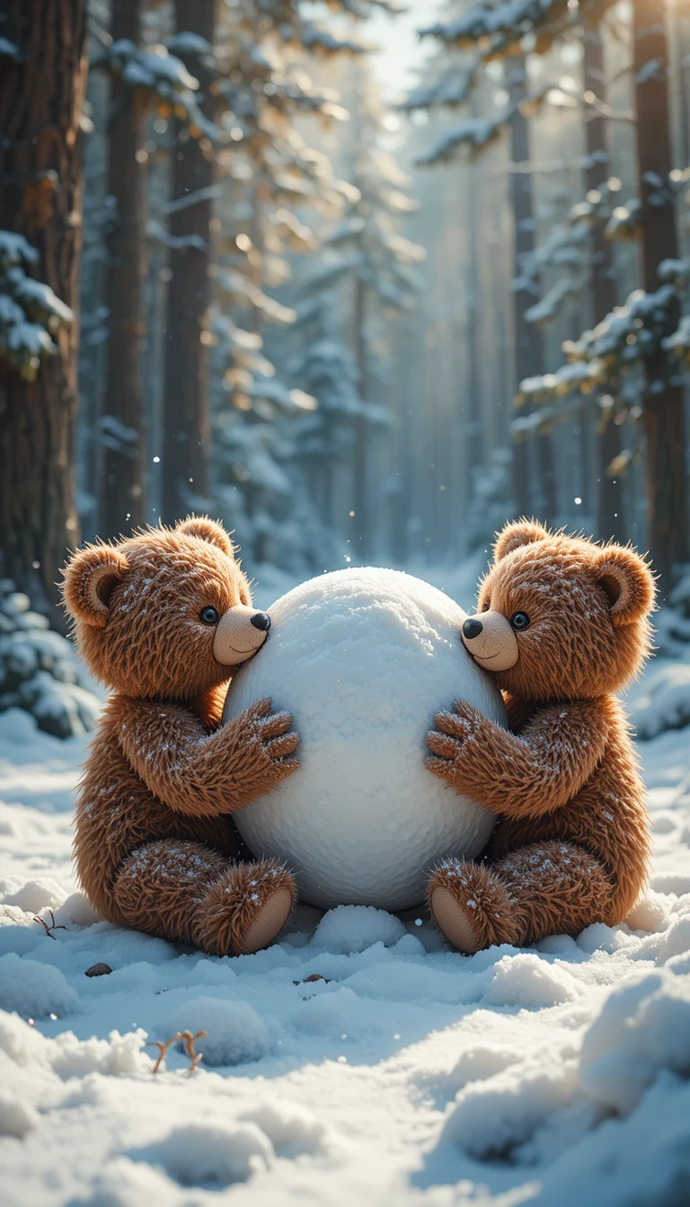 Zwei Teddybären halten einen Schneeball in einem verschneiten Wald