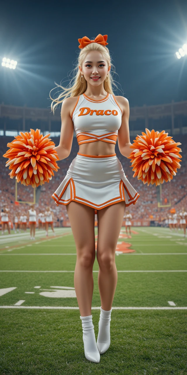 Cheerleader jumping on football field with pompoms